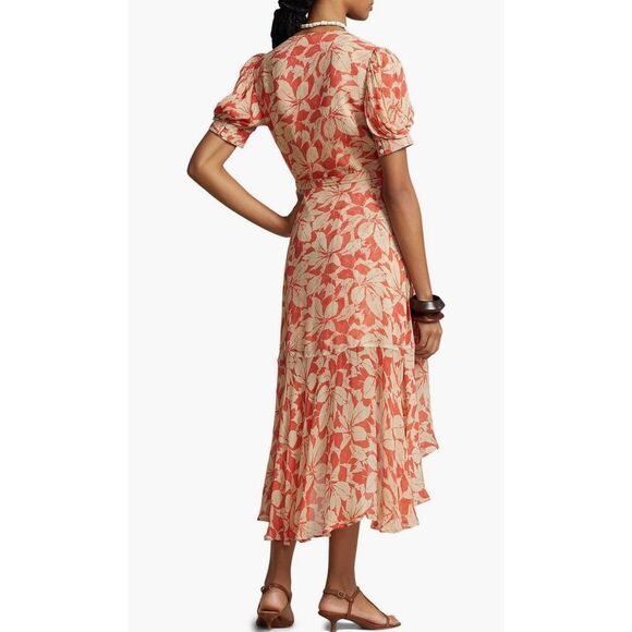 Polo Ralph Lauren Print Crinkled Georgette Wrap Dress Orange Size 12 - Picture 2 of 12